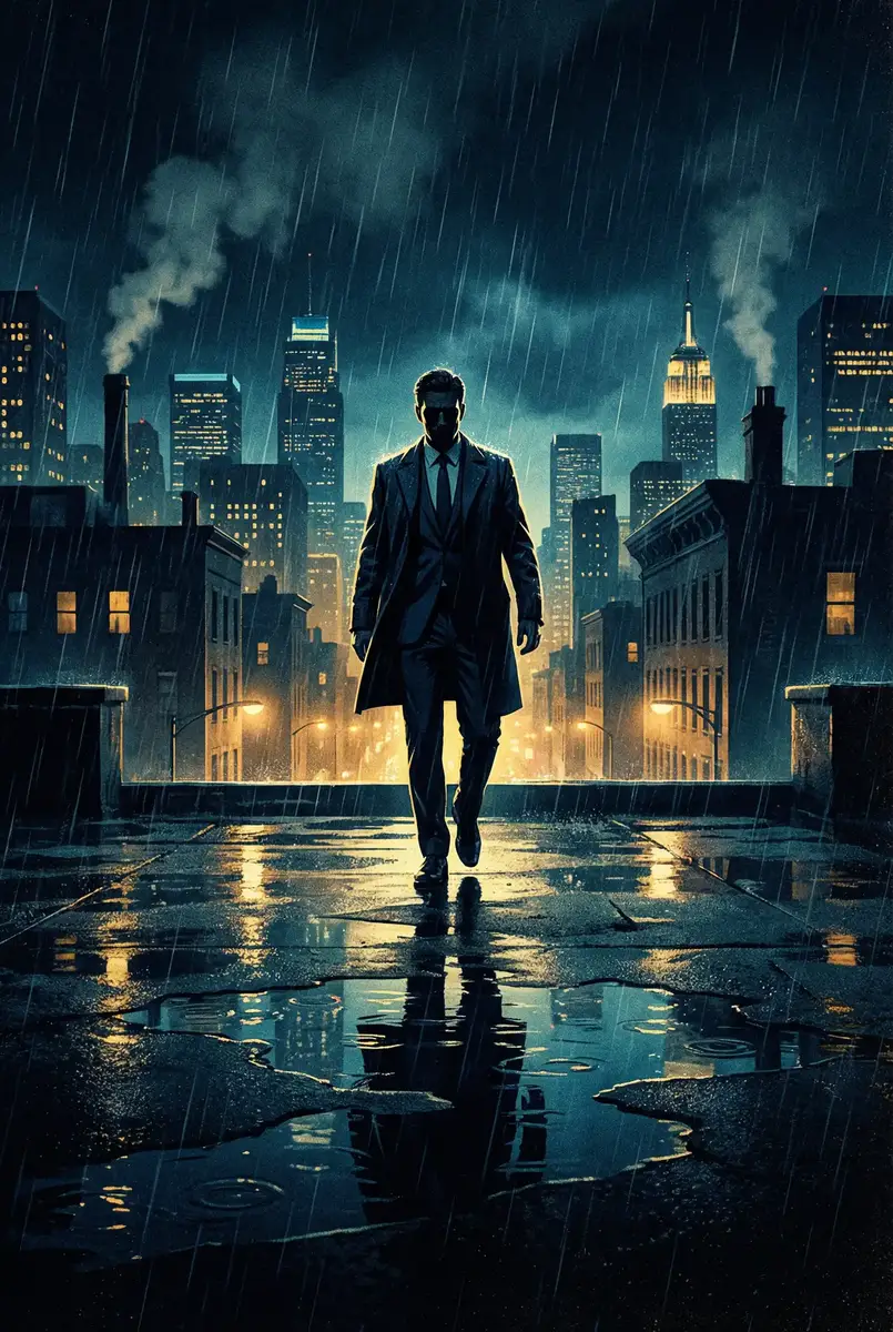 命中注定我爱你韩版 出品影片《雨夜独行者》海报，雨中城市屋顶男性剪影